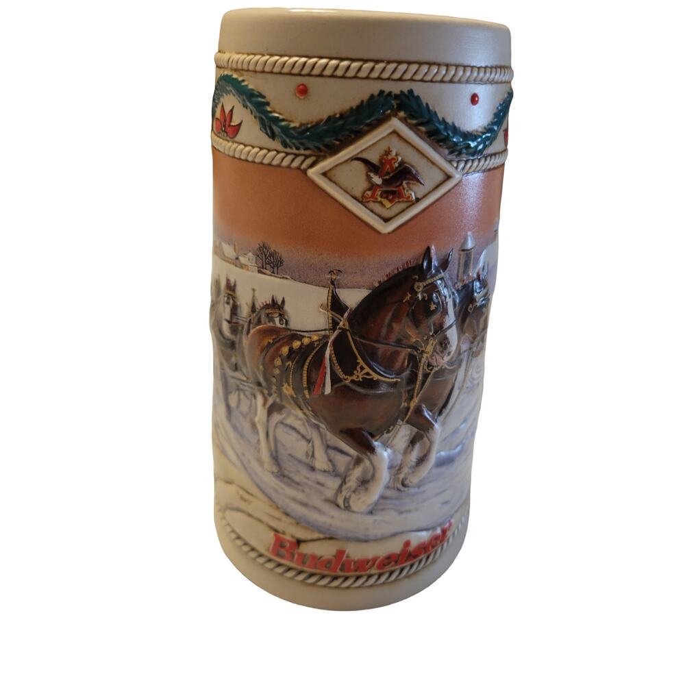 Budweiser Holiday Stein 1996 American Homestead Clydesdales Beer Mug Vintage